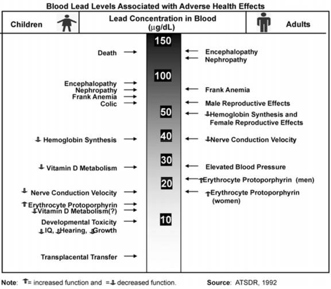 Blood lead levels associated with adverse health effects