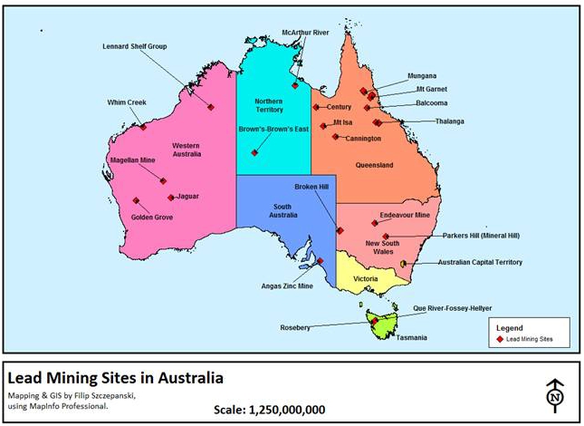 Map of Lead Mining Sites in Australia