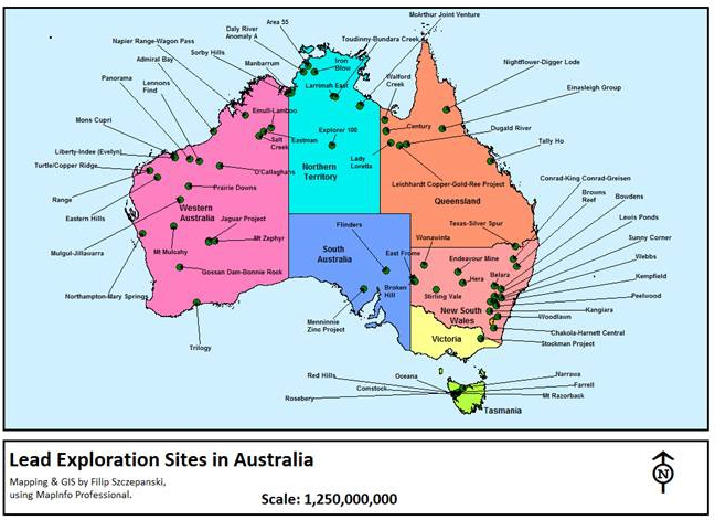 Map of Australian Lead Exploration Sites